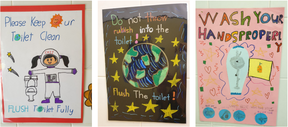 Three children's hand-drawn hygiene posters about flushing toilets, not throwing rubbish in them, and washing hands properly.